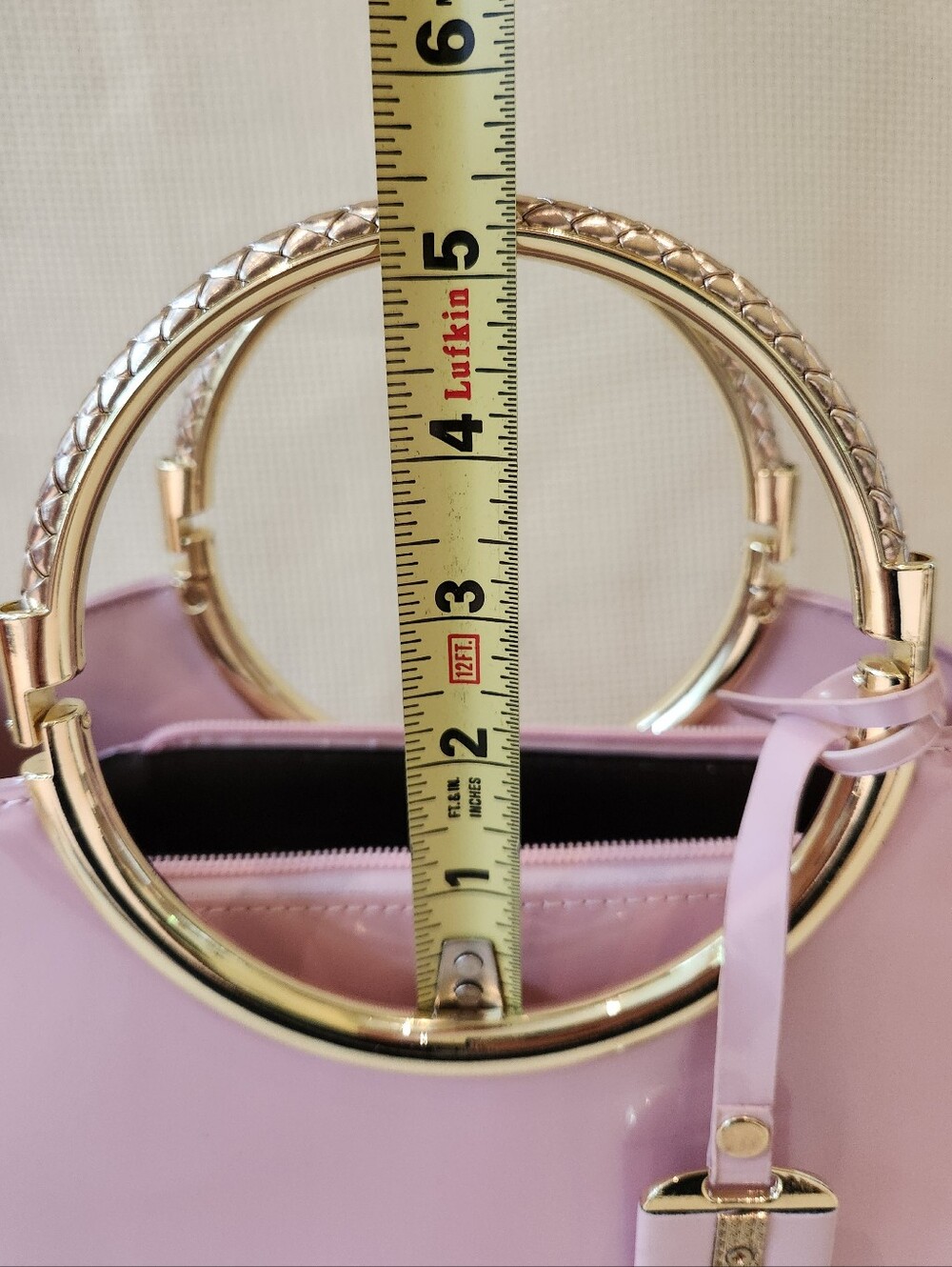 Pink Patent Leather Satchel Gold Ring Top Handle Crossbody Bag Structured Purse - Picture 13 of 16